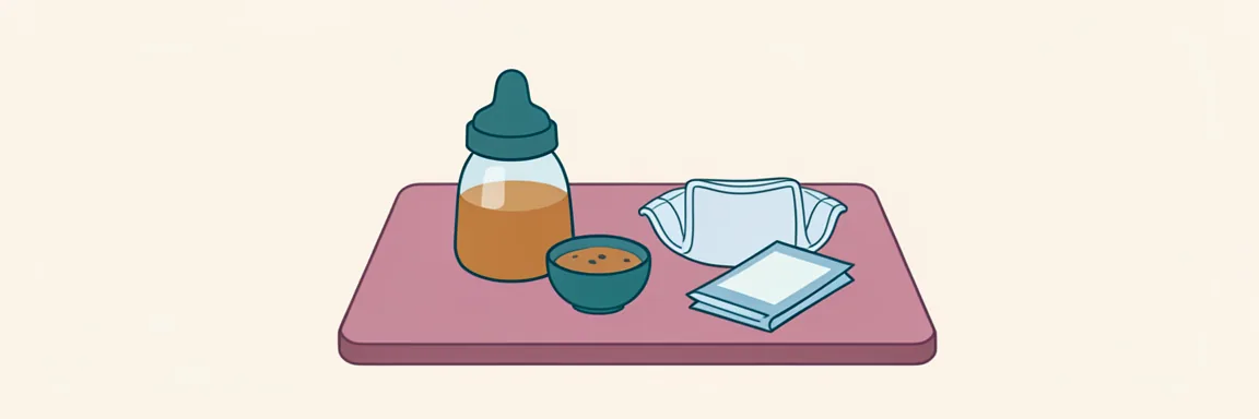 젖병과 이유식 그릇, 기저귀와 물티슈가 놓인 그림