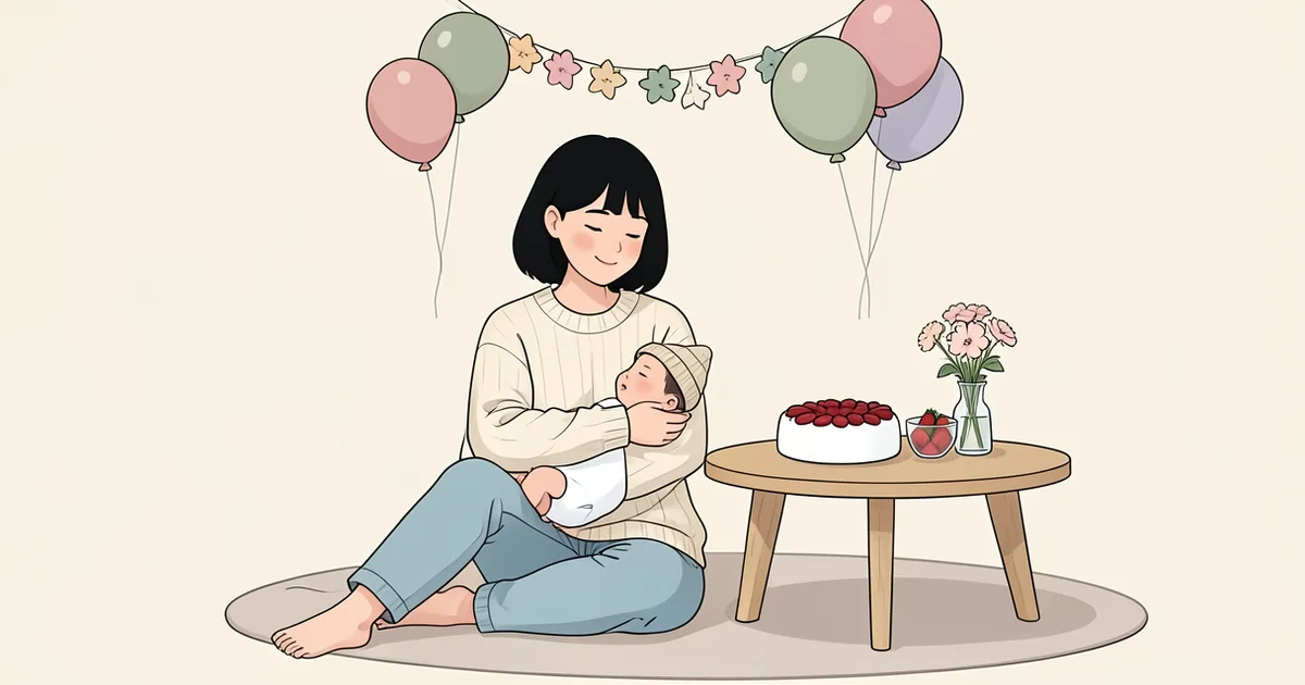 엄마가 신생아를 안고 케이크와 꽃을 올린 백일상 곁에 앉은 그림