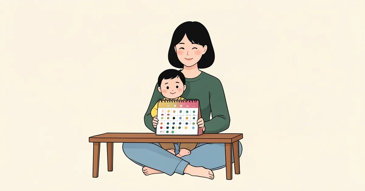 엄마가 아기를 무릎에 앉히고 낮은 탁자 위 달력을 보는 그림