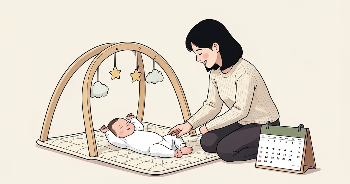 아기체육관 아래 매트에 누운 아기 곁에서 엄마가 탁상달력을 두고 보는 그림