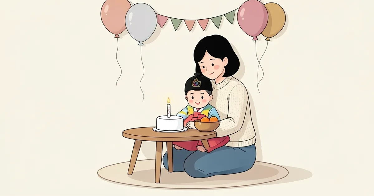 한복 입은 돌 아기가 엄마 품에서 촛불 하나 꽂힌 케이크를 보는 그림