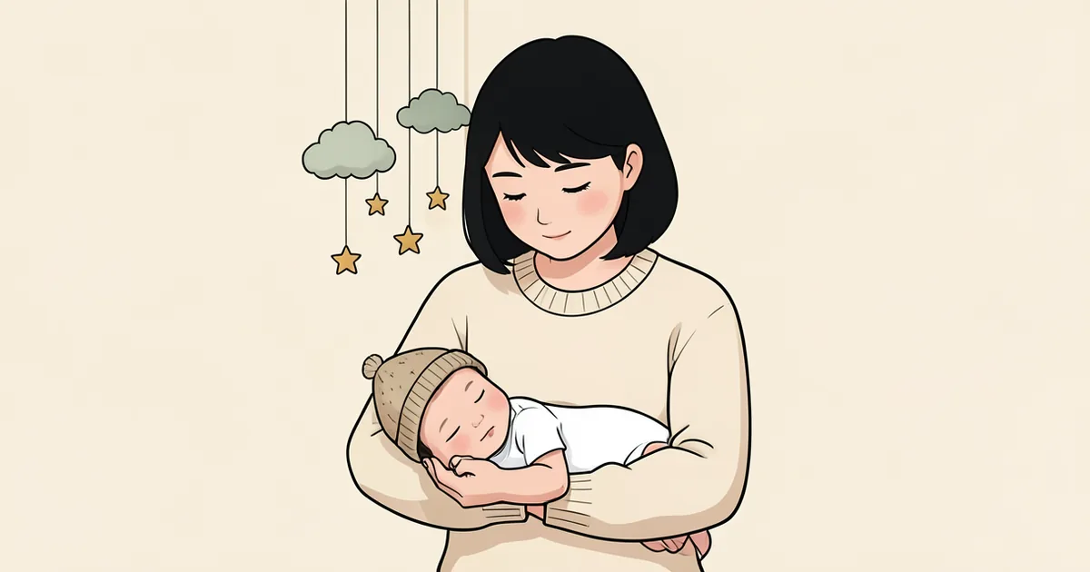 엄마가 모빌 아래에서 신생아를 두 팔에 안고 내려다보는 그림