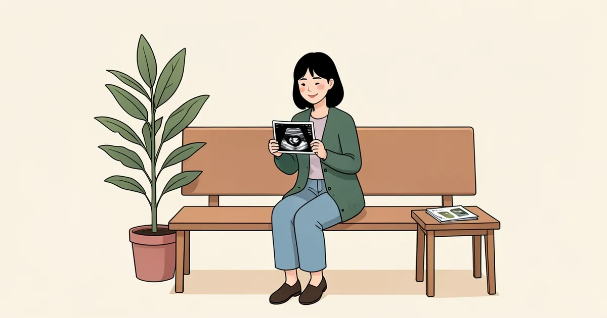 여성이 진료 대기 의자에 앉아 초음파 사진을 보는 그림