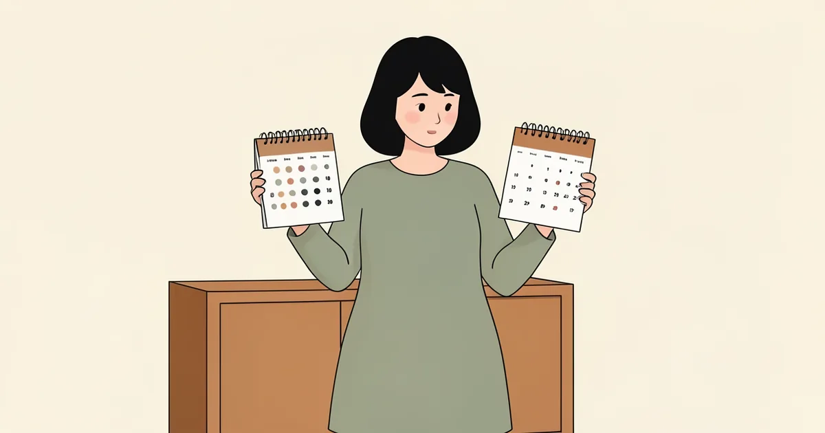 임신부가 달력 두 개를 양손에 들고 번갈아 보는 그림