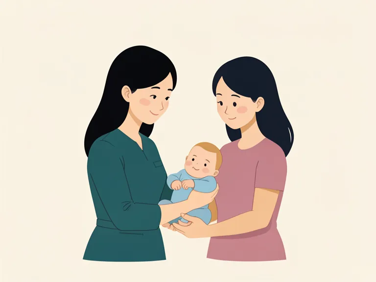간호사가 부모 품의 아기를 살펴보는 그림