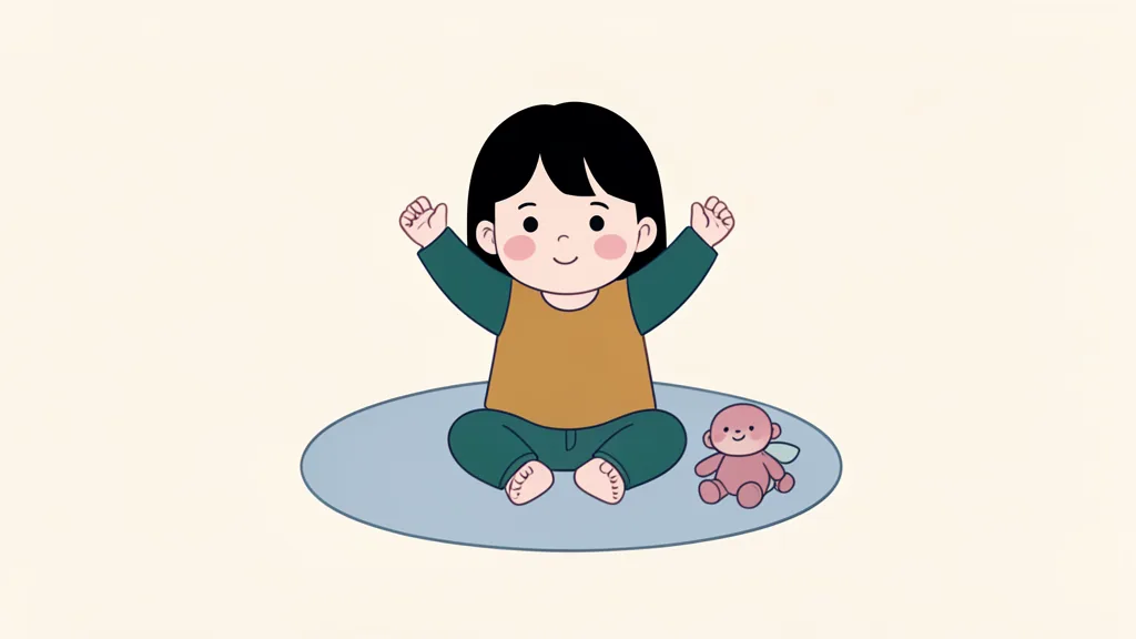 아기가 담요 위에 앉아 두 팔을 든 그림